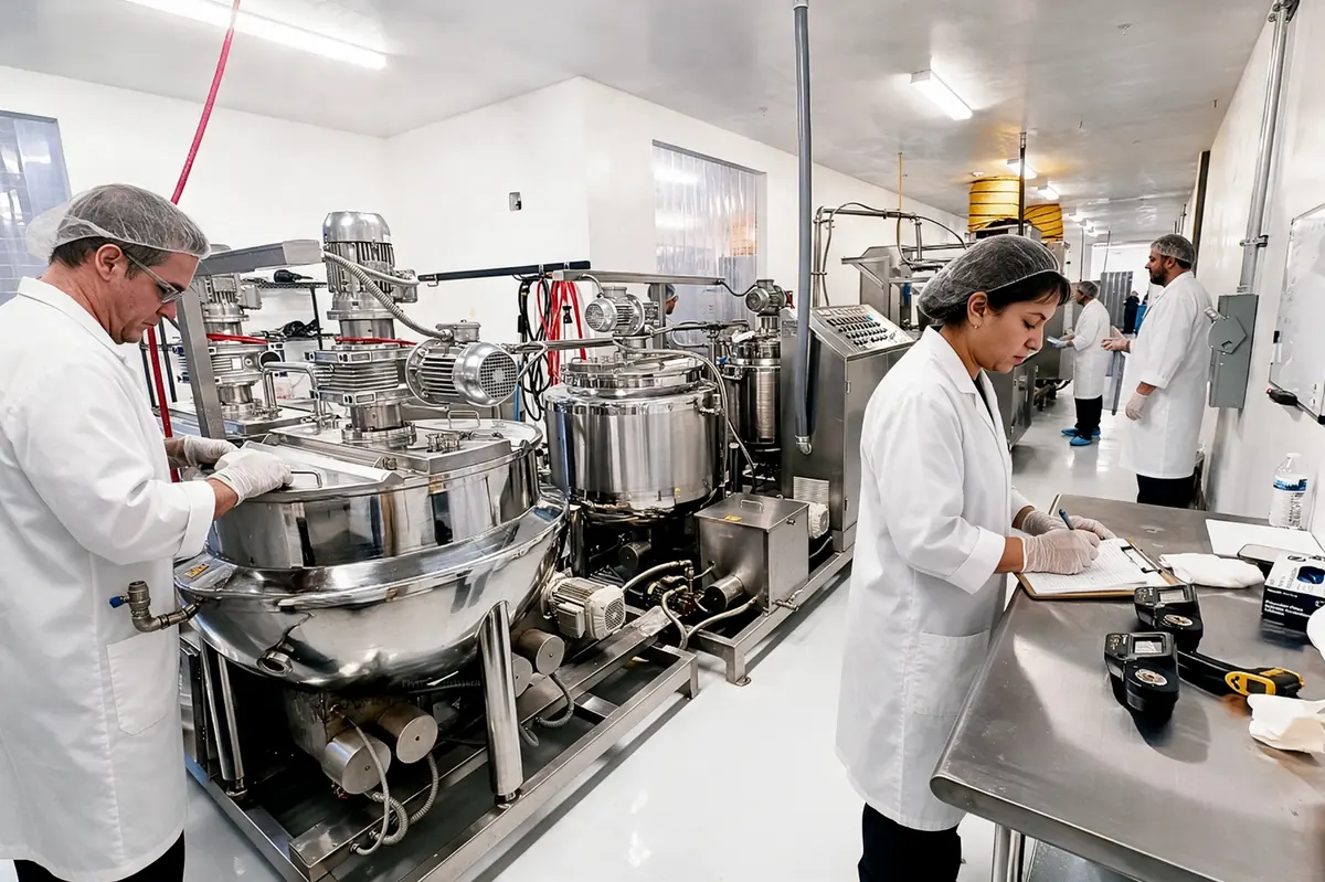 Ironclad production floor with staff in lab coats at stainless-steel cooking kettles and a quality-check station